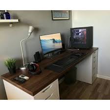 Ikea Karlby Countertop In Walnut Color Resting On Two Ikea Alex Drawer Units Pc Builds And Setups P Diy Computer Desk Modern Computer Desk Home Office Setup