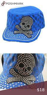 Distressed Look Blue Rhinestone Suger Skull Hat Blue Rhinestones Skull Hat Faux Fur Hat