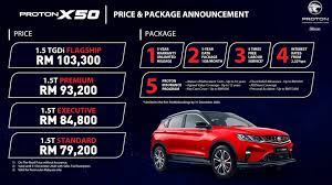 It is available in 6 colors, 4 variants, 1 engine, and 1 transmissions option: Proton X50 Price Revealed From Rm79k To Rm103k