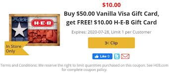Vanilla gift card promo code. Expired H E B Buy 50 Vanilla Visa Gift Card Get 10 H E B Gift Card Free Gc Galore