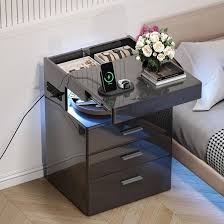 Amazon.com: Treocho Led Nightstand with Hidden Space & Charging Station | 3 Drawer Smart Nightstand, Glossy Finish, RGB Lights, Tall Bedside Table for Bedroom, Black : Home & Kitchen