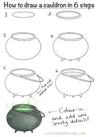 How To Draw A Cauldron In 6 Steps Easy Halloween Drawings Witch Drawing Easy Drawings