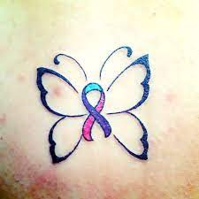 Cancer ribbon tattoos are worn by survivors. Tiny Butterfly Cancer Ribbon Tattoo Idea