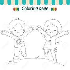 Empieza por la niña de la derecha. Dibujo Para Colorear Ninos Felices Ilustraciones Vectoriales Clip Art Vectorizado Libre De Derechos Image 30541456