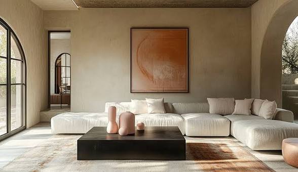 Styled modern living room in Mauritius with a new L-shaped sofa in warm neutral tones