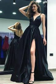 Deep V Neck Split Side Black Sweep Train Satin Backless Prom Dress Pg478 Backless Prom Dresses Cheap Prom Dresses Long African Prom Dresses