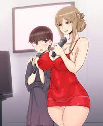 abubu, original, 1boy, 1girl, age difference, arm around shoulder, bare  arms, bare shoulders, blush, breasts, brown eyes, brown hair, cleavage,  covered erect nipples, covered navel, dress, eyebrows, folded ponytail,  hetero, holding, japanese