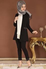 Modamerve Incili Ceket Pantolon Ikili Takim Siyah Myg 3689 Tunik Pantolon Siyah