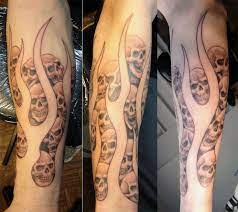 This arm sleeve tattoo depicts the japanese oni, or a japanese monster, along with a dragon. Flames And Skulls Arm By Arcaneserpent On Deviantart Flame Tattoos Skull Sleeve Tattoos Fire Tattoo