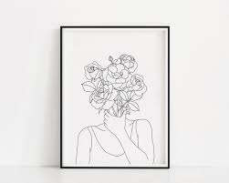 Flowers coming out of head drawing. Rose Head Art Print Woman With Flowers Poster Rose Bouquet Wall Art Line Drawing Roses Print In 2021 Art Prints Art Plant Art Print