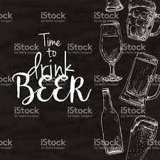 Background With Beer Drawing Chalk On A Blackboard Caption Time To Bier Kreide Bildunterschrift