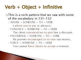 With to) verb +object +bare infinitive is another kettle of fish altogether. Verb Object Infinitive Sn 117 Verb Object Infinitive