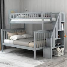 Harper Bright Designs Grey Twin Over Full Stairway Bunk Bed With Storage Sm000096aae The Home Depot Bunk Beds With Storage Stairway Bunk Beds Wooden Bunk Beds