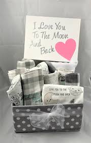 Baby Gift Basket Love You To The Moon And Back Baby Gift Baby Girl Gift Basket Babybasket Newbabygi In 2020 Baby Girl Gift Baskets Baby Gift Basket Pink Baby Gifts