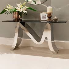 Furniture Mystique Black Glass And Chrome Console Table Rectangular Shape M Shape Base Plaid B Glass Console Table Console Table Hallway Modern Console Tables