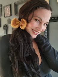 Knit Hair Bow, Handknitted Maize Yellow Ponytail Holder or Hair Band,  Vintage La