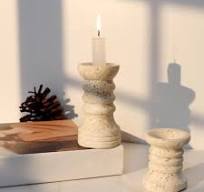 Lot de 2 bougeoirs en marbre véritable en travertin naturel pour  anniversaire, fête de mariage, décoration de table à manger, bougie conique  jaune : ...