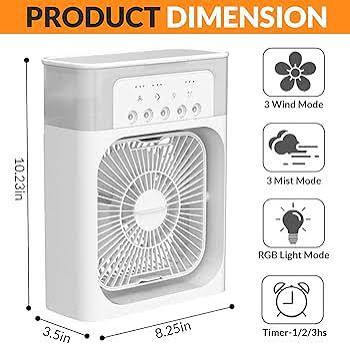 DUYHBB Portable Ice Fan Air Cooler With water For Frost Cube Fan, 3 In 1 Mist Mini Evaporative Cooling Fan with LED, Timer, 3 Wind Speeds 3 Spray Modes for Home Office