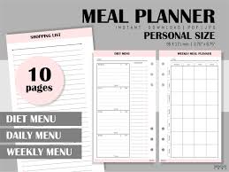 Meal Planner Printable Filofax Personal And Kikki K Planner Food Journal Grocery List Diet Plan Planne Meal Planner Printable Weekly Menu Planners Meal Planner