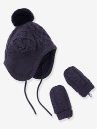 Lined Chapka Hat Mittens Set For Babies Blue Dark Solid Baby