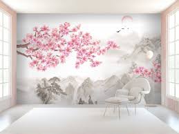 Cherry Blossom With Mountain Landscape Wallpaper Mural In 2020 Cherry Blossom Bedroom Cherry Blossom Wall Art Tree Wall Painting