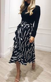 Exclusive Lulu Wrap Midi Skirt In Black And White Print By Pretty Lavish