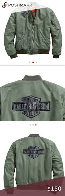 Harley Davidson Army Green Bomber Jacket Slim Fit In 2020 Green Bomber Jacket Men Green Bomber Jacket Army Green Bomber Jacket