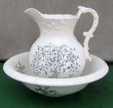 Old W P Labelle China Ironstone Pottery Pitcher Wash Basin Blue Green Flowers Jarras Bacia Jarro