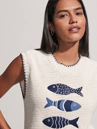 White Ecru Blue Fish Graphic Knitted Tank with Cotton