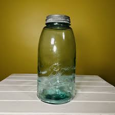 Antique BALL MASON Big Large JAR Glass Top Metal Lid RARE Wavy 4-3 Blue