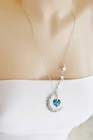 Crescent Moon And Star Necklace Moon Necklace Astrology Sign Rustic Crescent Moon Charm Swarovski Bermuda Blue Heart L Moon Necklace Moon Jewelry Star Necklace