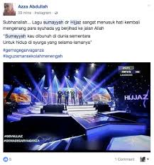 Secara tidak langsung, irama nasyid akan kembali gemilang seperti yang pernah berlaku 20 tahun dahulu,kata hijjaz yang turut merancang untuk merakamkan album baharu selepas ini. Video Lagu Sumayyah Nyanyian Hijjaz Di Gema Gegarvaganza Ini Buat Ramai Orang Sebak Juri Pun Menangis