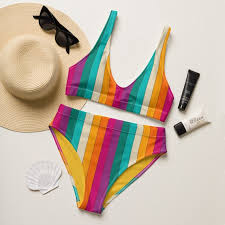 Rainbow Striped Recycled High-waisted Bikini/ Sizes XS-3XL/ Dopamine Bikini 