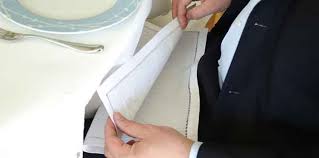 On the left of the plate, place the dinner fork on the napkin. Napkin Etiquette