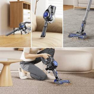 Multi-surface cordless floor cleaner in handheld configuration cleaning soft furnishings., AI generated
