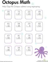 subtraction with regrouping octopus math worksheet education com
