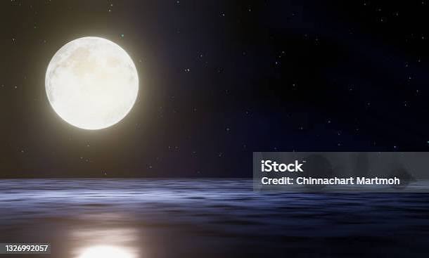The Blue Full Moon Is Reflected In The Sea A Wave Of Water From The Ocean  To Island The Sky Has Many Stars Ripples On The Sea At Night 3d Rendering  Stock