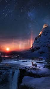 Deer Winter Night Art Snow Background Landscape Wallpaper Iphone Wallpaper Sky Night Scenery