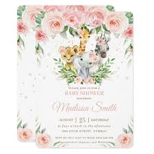 Invitacion Safari Animal Jungla Rosa Rubor Floral Baby Shower Zazzle Com In 2020 Floral Baby Shower Invitations Floral Baby Shower Baby Shower Invitations