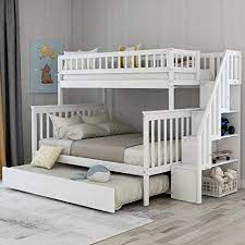 Amazon Com Solid Wood Twin Over Full Bunk Beds With Trundle Bunk Beds For Kids With Ladder And Guard Rail White Bunk Bed With Trundle Kitchen Dining