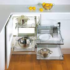 Requires minimum door opening of 20 1/2 (520 mm) and additional clearance for door hinge. Kessebohmer Magic Corner Two For Blind Corner Cabinets Champagne Swings Right 548 10 440 Hafele Blind Corner Cabinet Corner Kitchen Cabinet