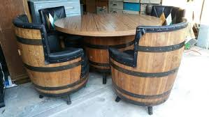 50 Gallon Whiskey Barrels For Sale Offerup 1950 S Vintage Whiskey Barrel Table And Chairs Set Barrel Table Whiskey Barrel Table Barrel Furniture