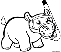 Cute Baby Hippo With Snorkel Coloring Pages Printable