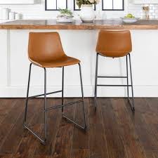 Whiskey Brown Faux Leather Counter Stools Set Of 2 Leather Bar Stools Kitchen Stools Kitchen Counter Stools
