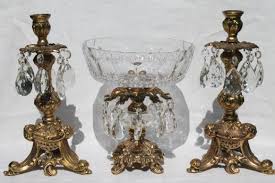 Fabulous pair of vintage hollywood regency candle holders with smokey crystal prisms. Vintage Ormolu Ornate Gold Crystal Pedestal Bowl Candlesticks W Glass Prisms Teardrops