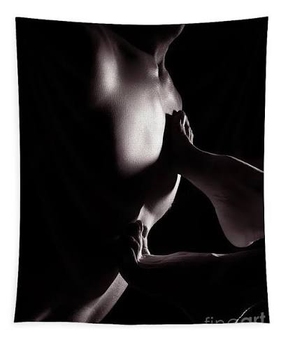 Woman bare feet on nude man chest sensual couple body parts clos Tapestry  by Awen Fine Art Prints - Fine Art America