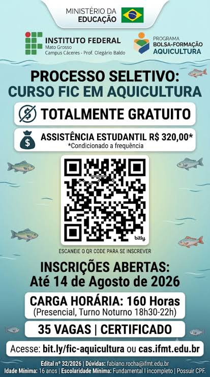 O IFMT Campus C&aacute;ceres est&aacute; com inscri&ccedil;&otilde;es abertas para o curso gratuito em Aquicultura - Express&atilde;o Not&iacute;cias