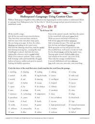Shakespeare S Language Using Context Clues Middle School Worksheets Context Clues Shakespeare Middle School School Worksheets