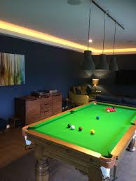 Oak Snooker Table Mid Century Modern Influenced Games Room Dark Blue Walls Dark Blue Walls Pool Table Room Game Room