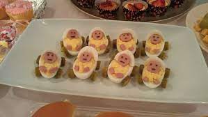 Deviled Eggs As Baby Carriages For Baby Shower Make Mostly Traditional Vegetarian With A Tray Of Baby Carria Baby Shower Food Baby Shower Cakes Eggs For Baby